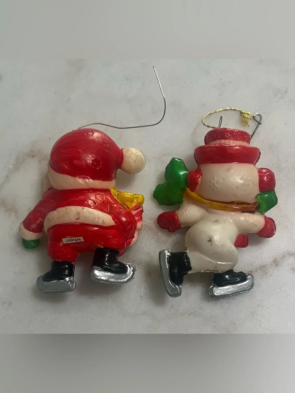 Vintage MCM Blow Mold Christmas Ornaments Skating Santa  Snowman Japan
